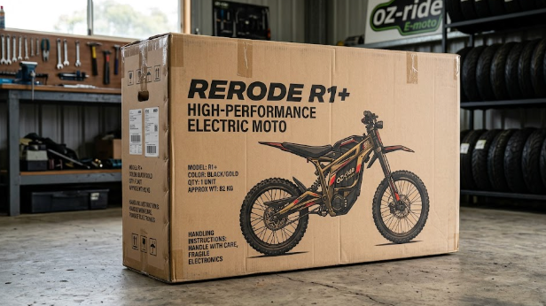 Rerode R1+ electric dirt bike unboxing — OZ-ride E-moto workshop Phillip Island